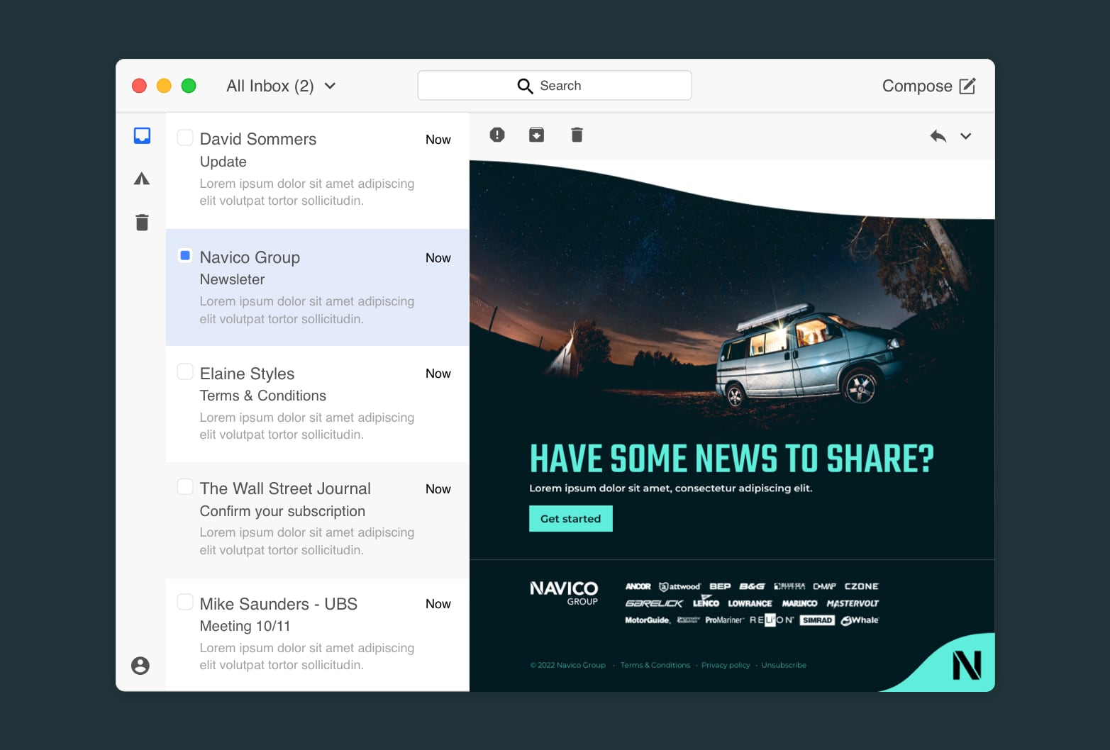An example Navico News email showing inside an email application