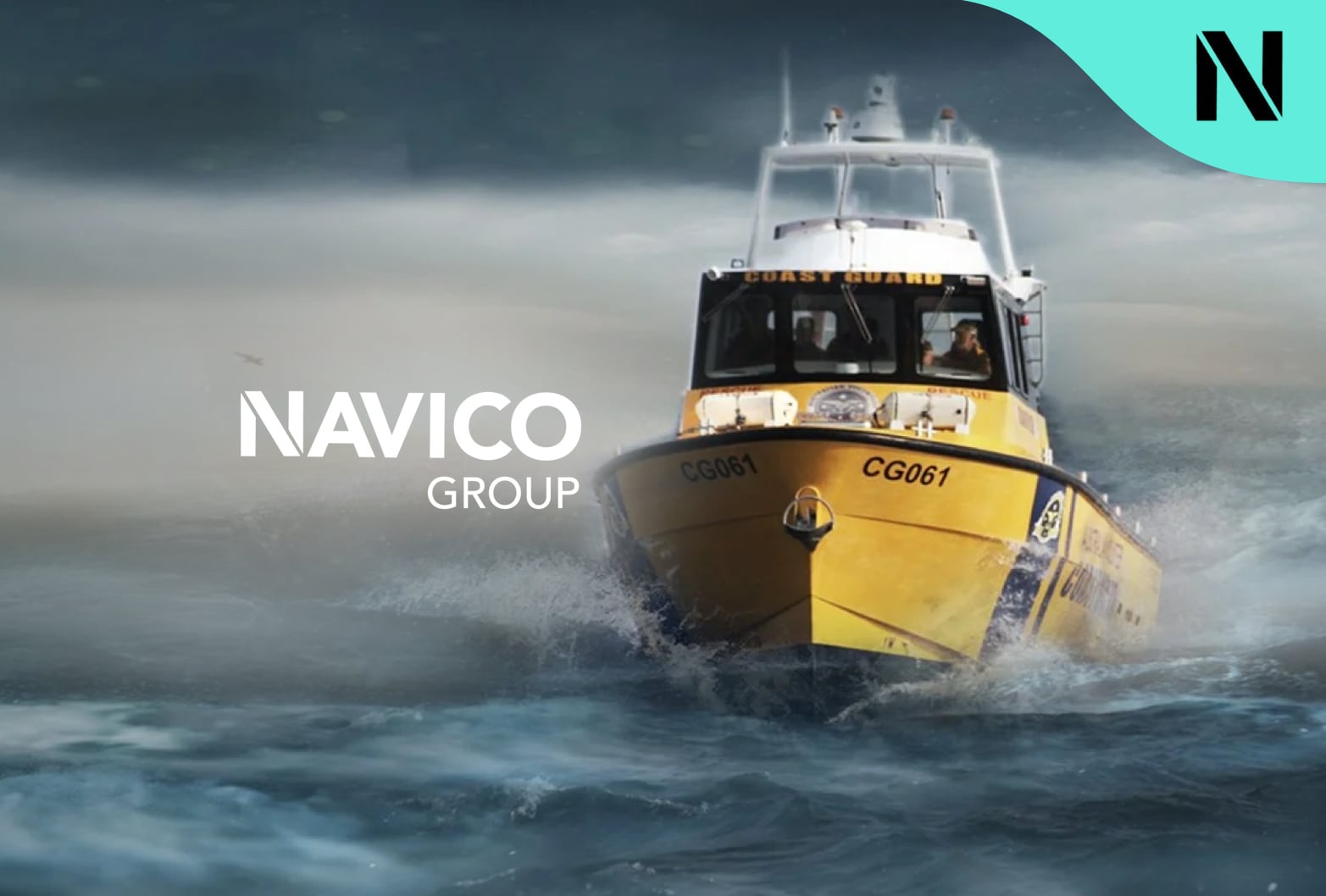Navico Group header graphic showing a coast guard boat in the ocean
