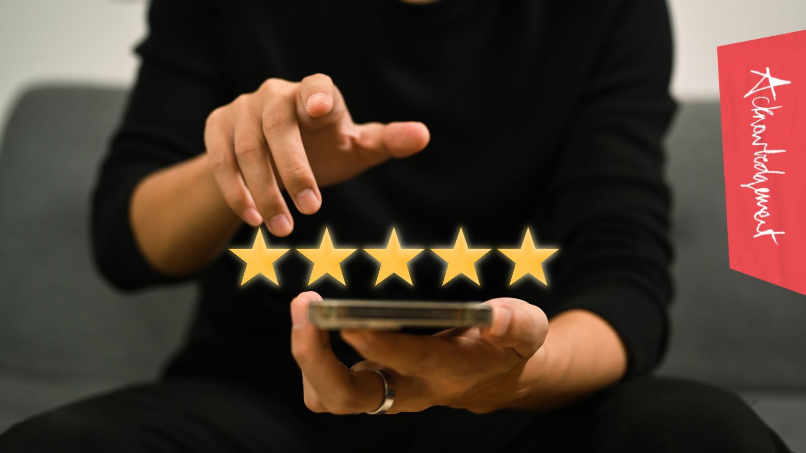 "Five star review" title graphic showing someone using a smart phone