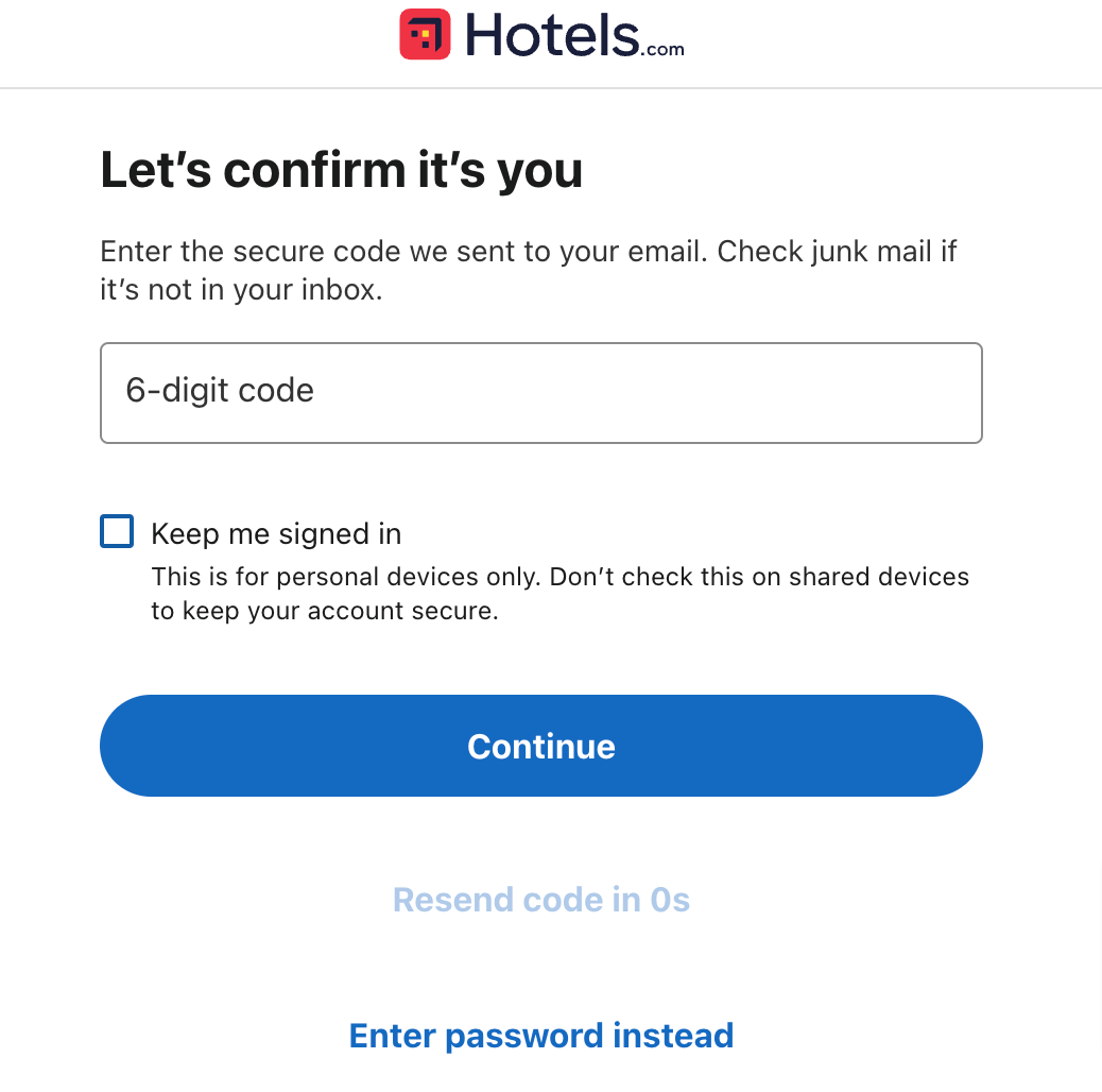 Magic link login on hotels.com